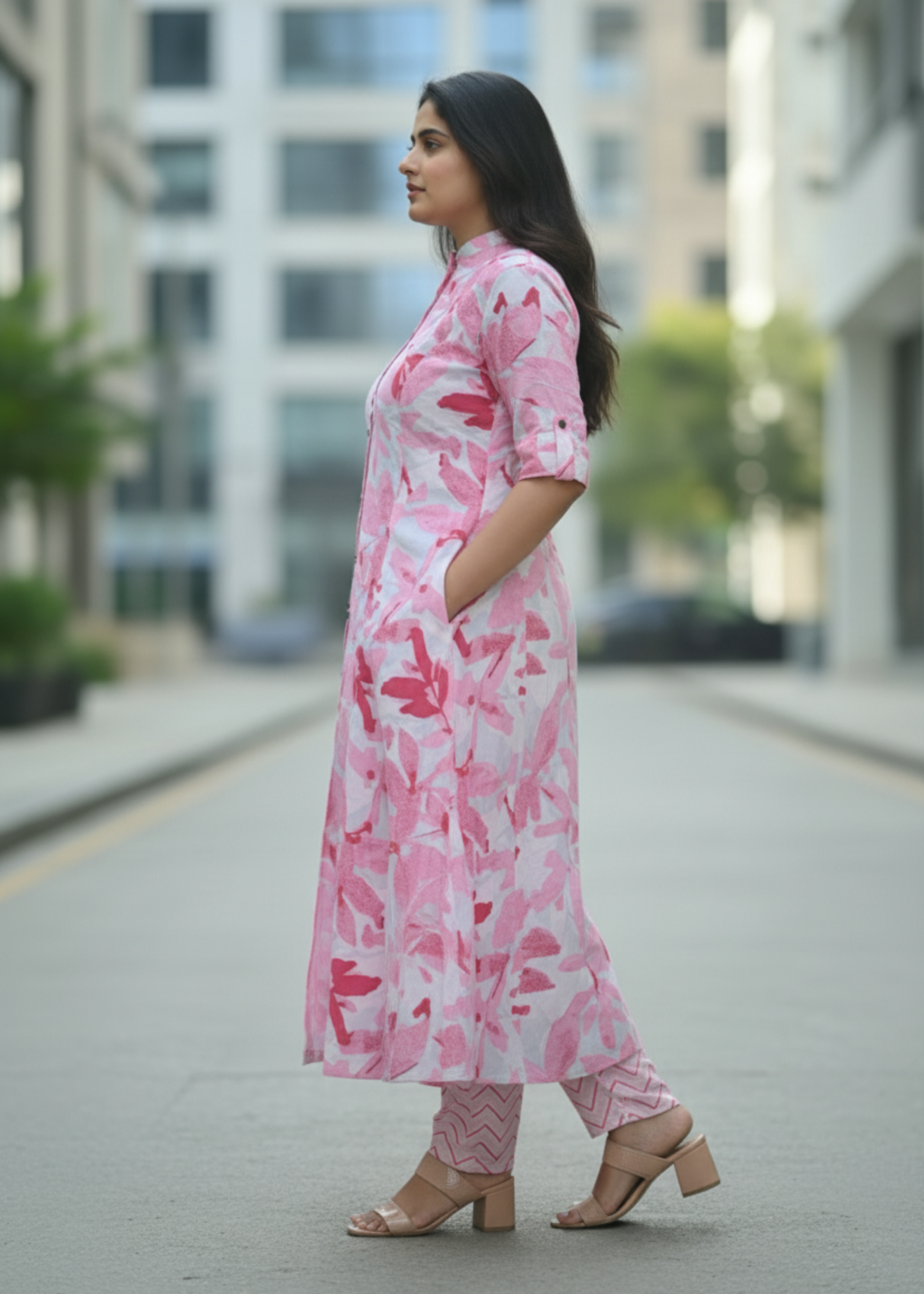 PINK FLORAL A-LINE KURTA SET