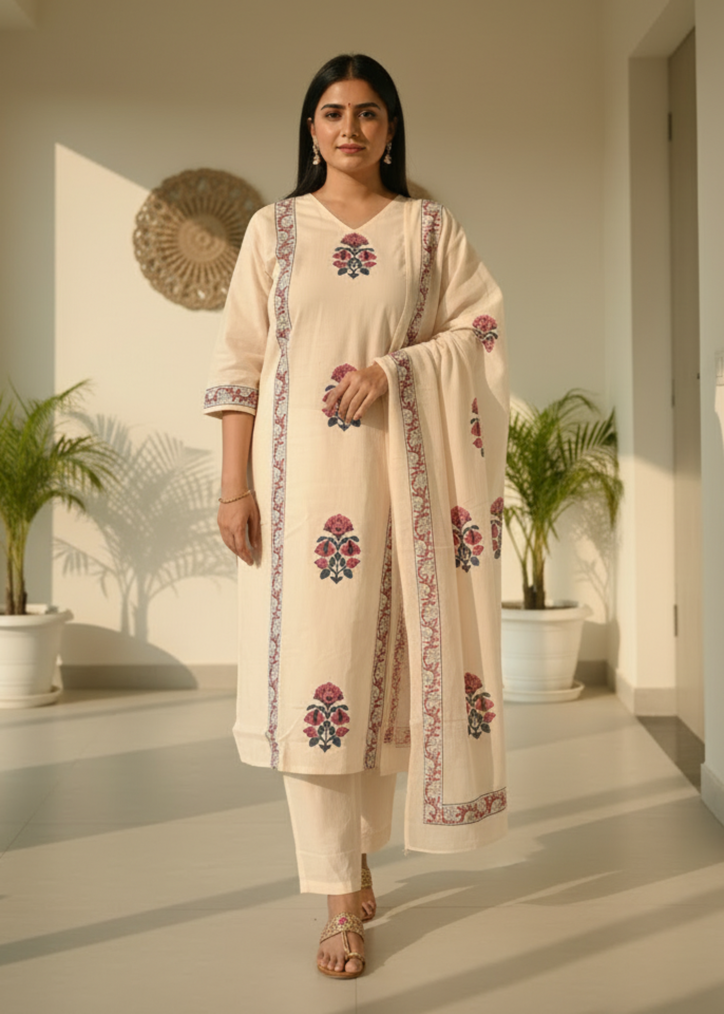 BEIGE KASHI HANDBLOCK COTTON SUIT SET