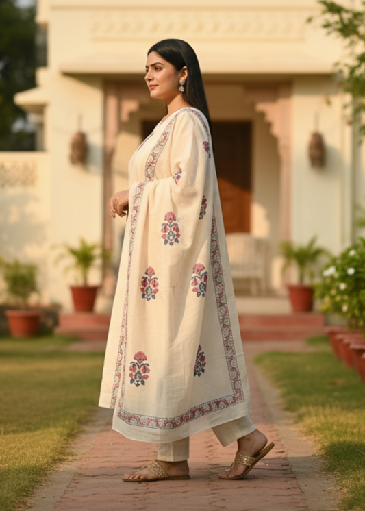 BEIGE KASHI HANDBLOCK COTTON SUIT SET