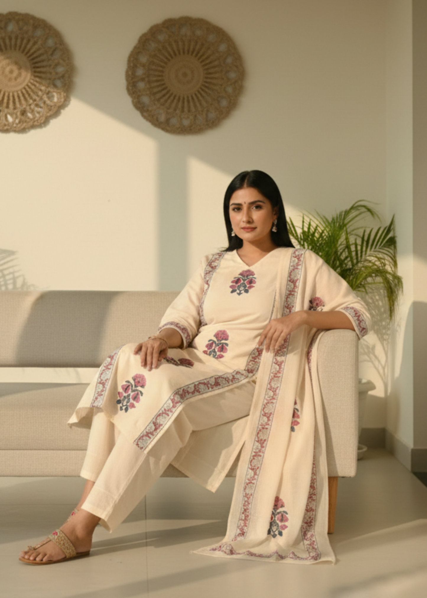 BEIGE KASHI HANDBLOCK COTTON SUIT SET