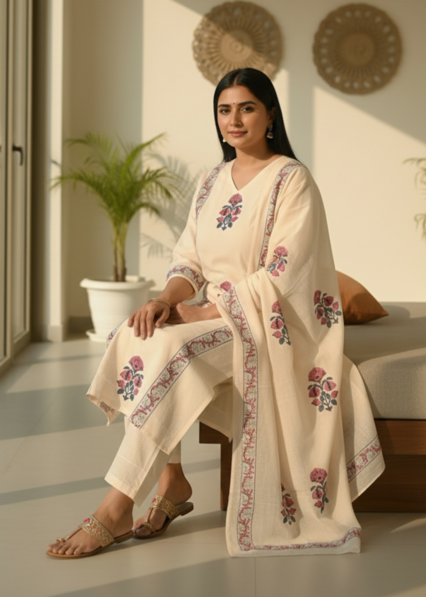 BEIGE KASHI HANDBLOCK COTTON SUIT SET