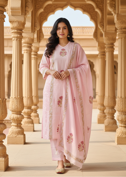 PINK KASHI HANDBLOCK COTTON SUIT SET
