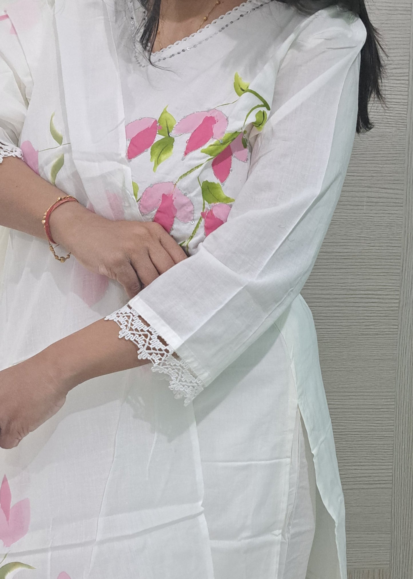 WHITE HANDPAINT FLORAL COTTON SUIT SET