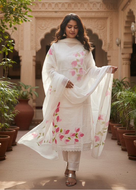 WHITE HANDPAINT FLORAL COTTON SUIT SET
