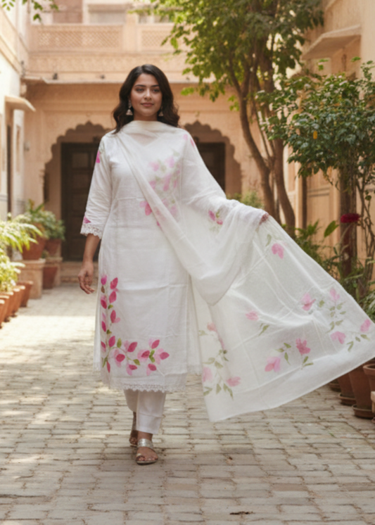 WHITE HANDPAINT FLORAL COTTON SUIT SET