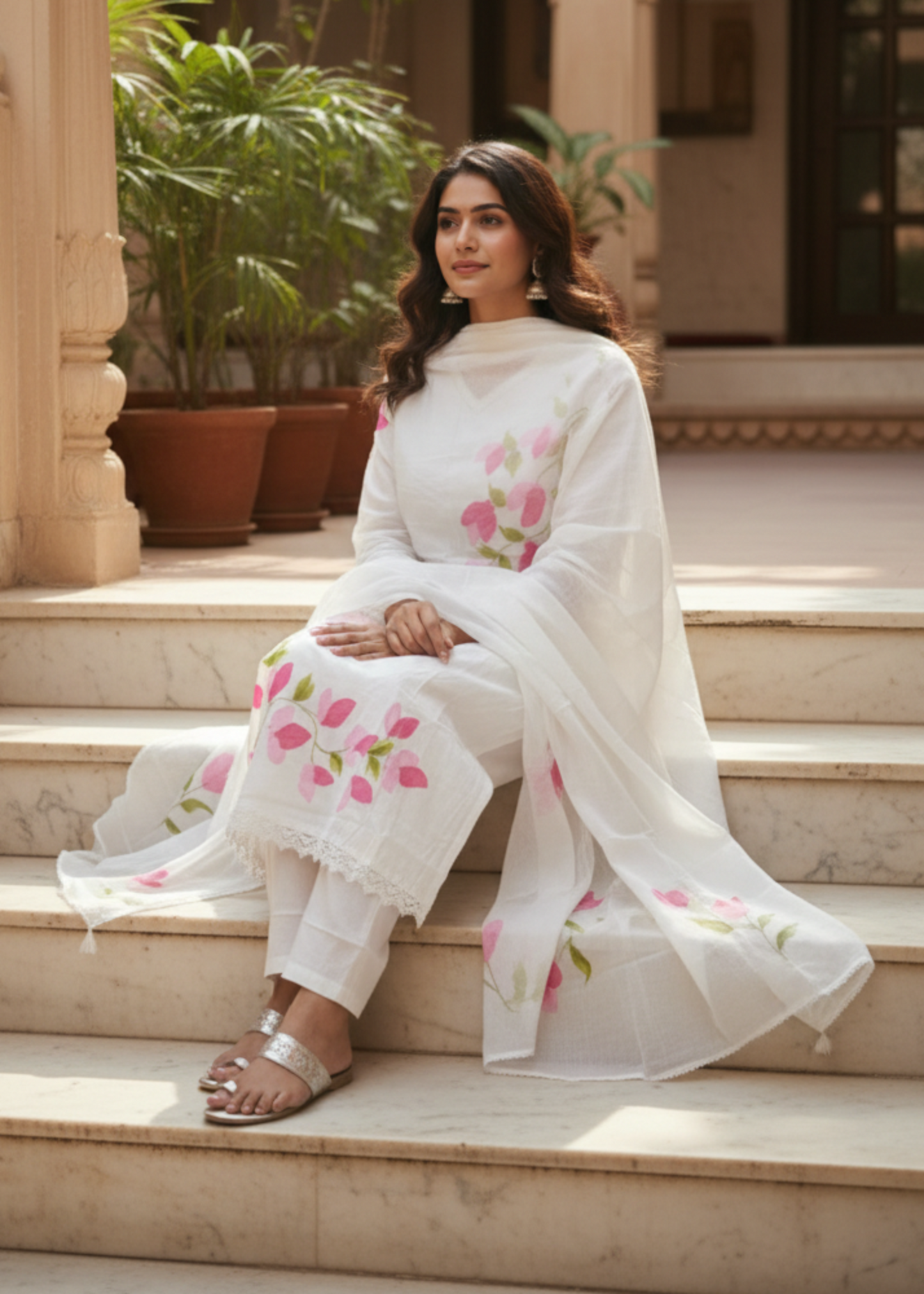 WHITE HANDPAINT FLORAL COTTON SUIT SET