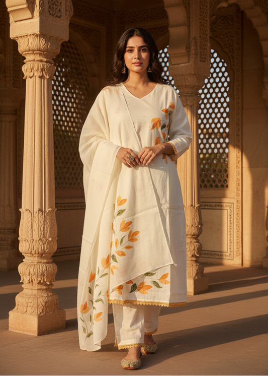 YELLOW HANDPAINT FLORAL COTTON SUIT SET