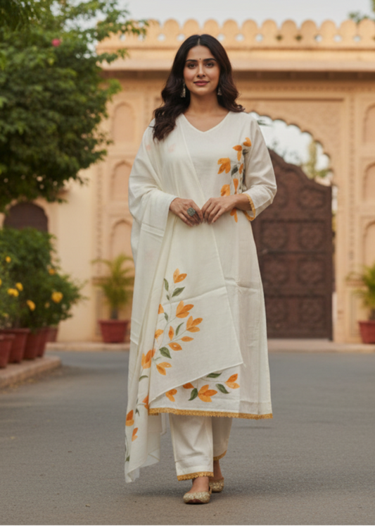 YELLOW HANDPAINT FLORAL COTTON SUIT SET