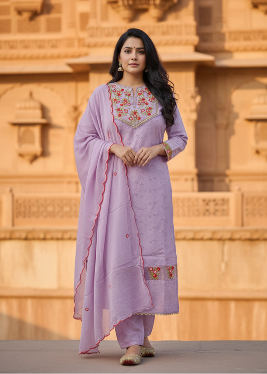 PURPLE DHANI COTTON SCHIFFLI SUIT