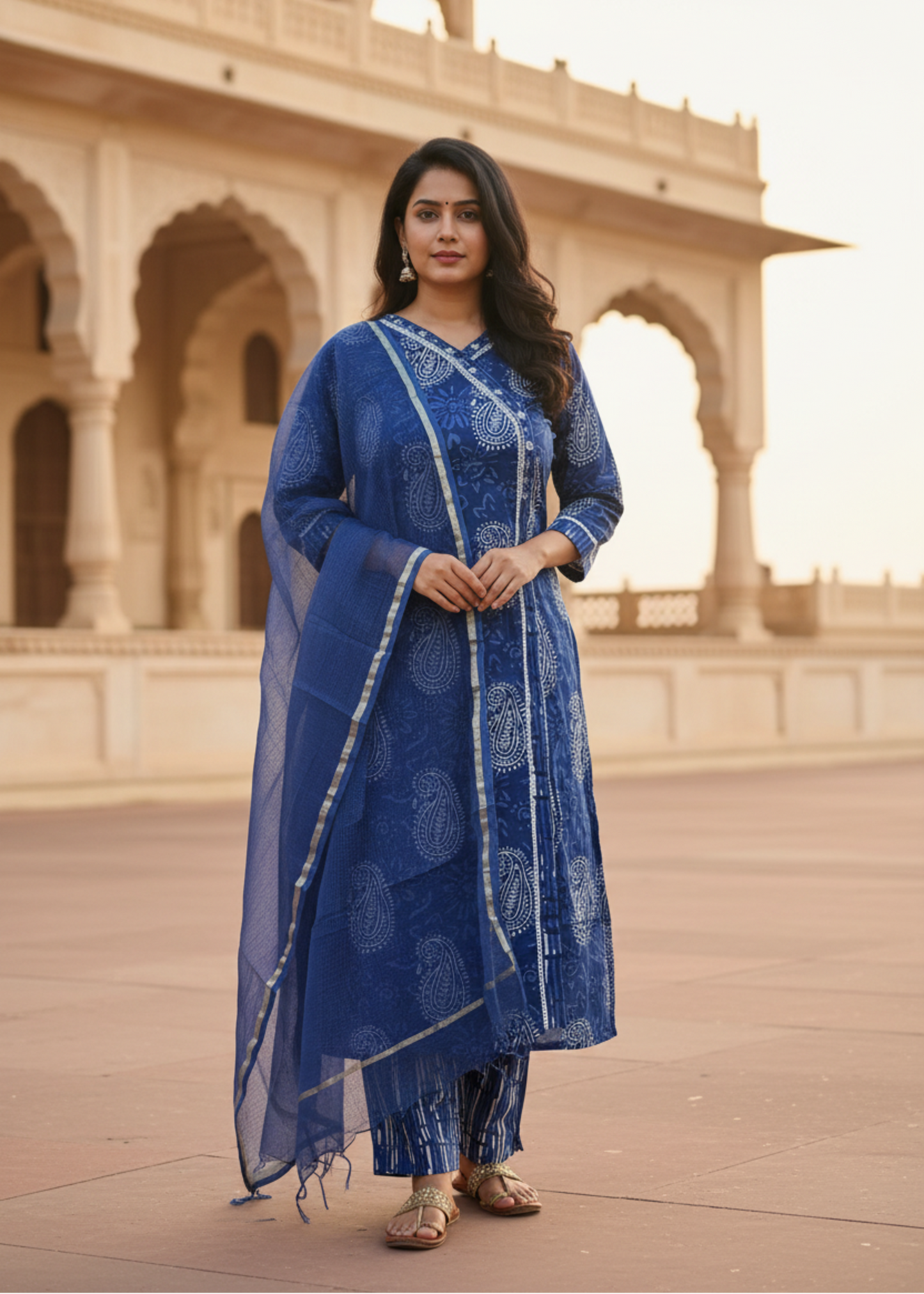 NAVY BLUE KRISHA ANARKALI COTTON SUIT SET