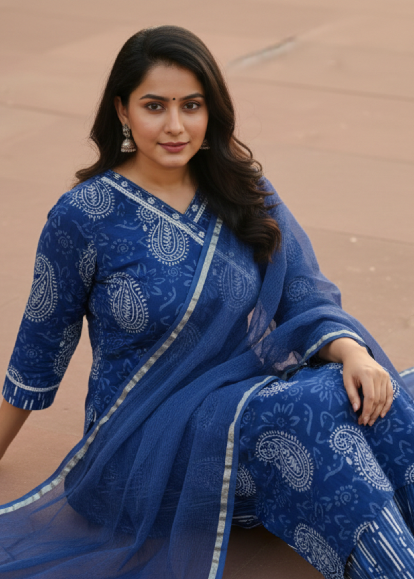 NAVY BLUE KRISHA ANARKALI COTTON SUIT SET