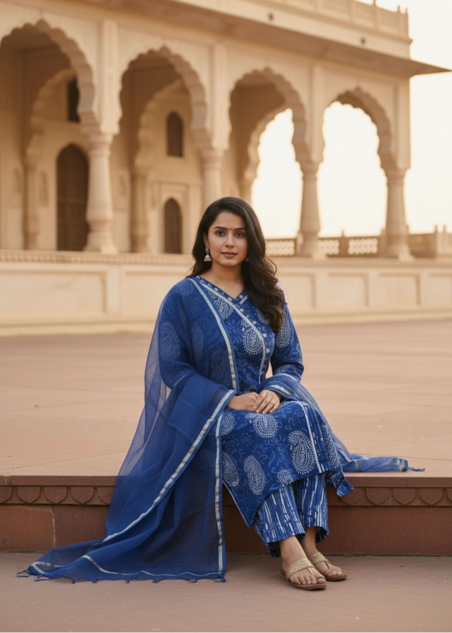 NAVY BLUE KRISHA ANARKALI COTTON SUIT SET