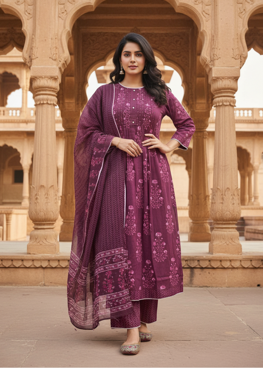 WINE RAJSHRI FLORAL COTTON SUIT