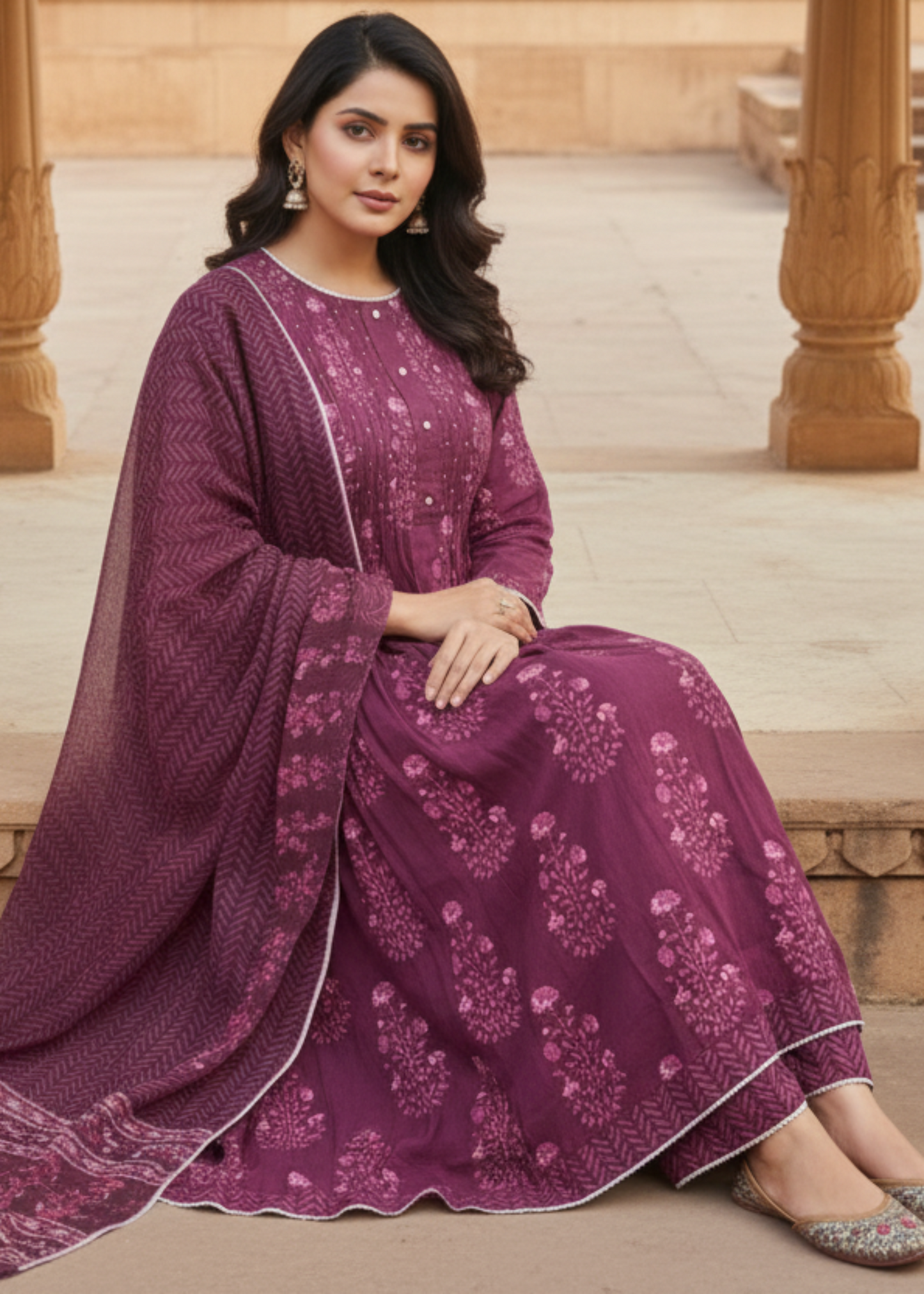 WINE RAJSHRI FLORAL COTTON SUIT