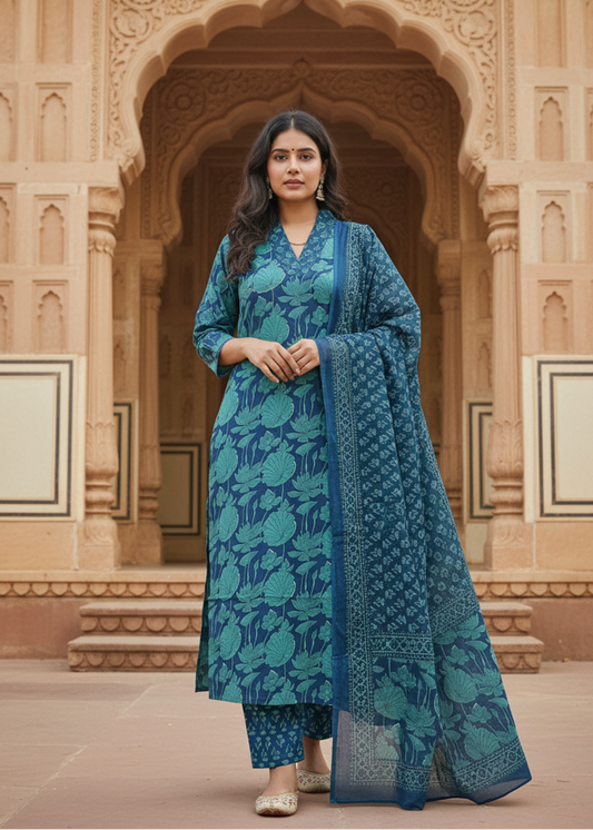 GREEN BLUE FLORAL COTTON SUIT SET