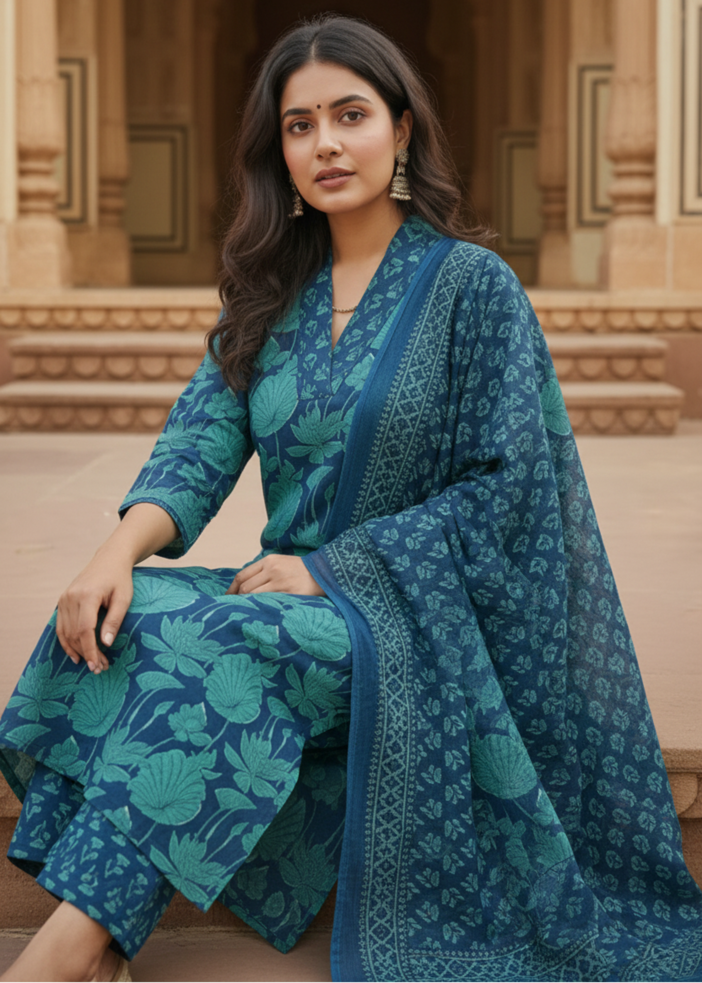GREEN BLUE FLORAL COTTON SUIT SET