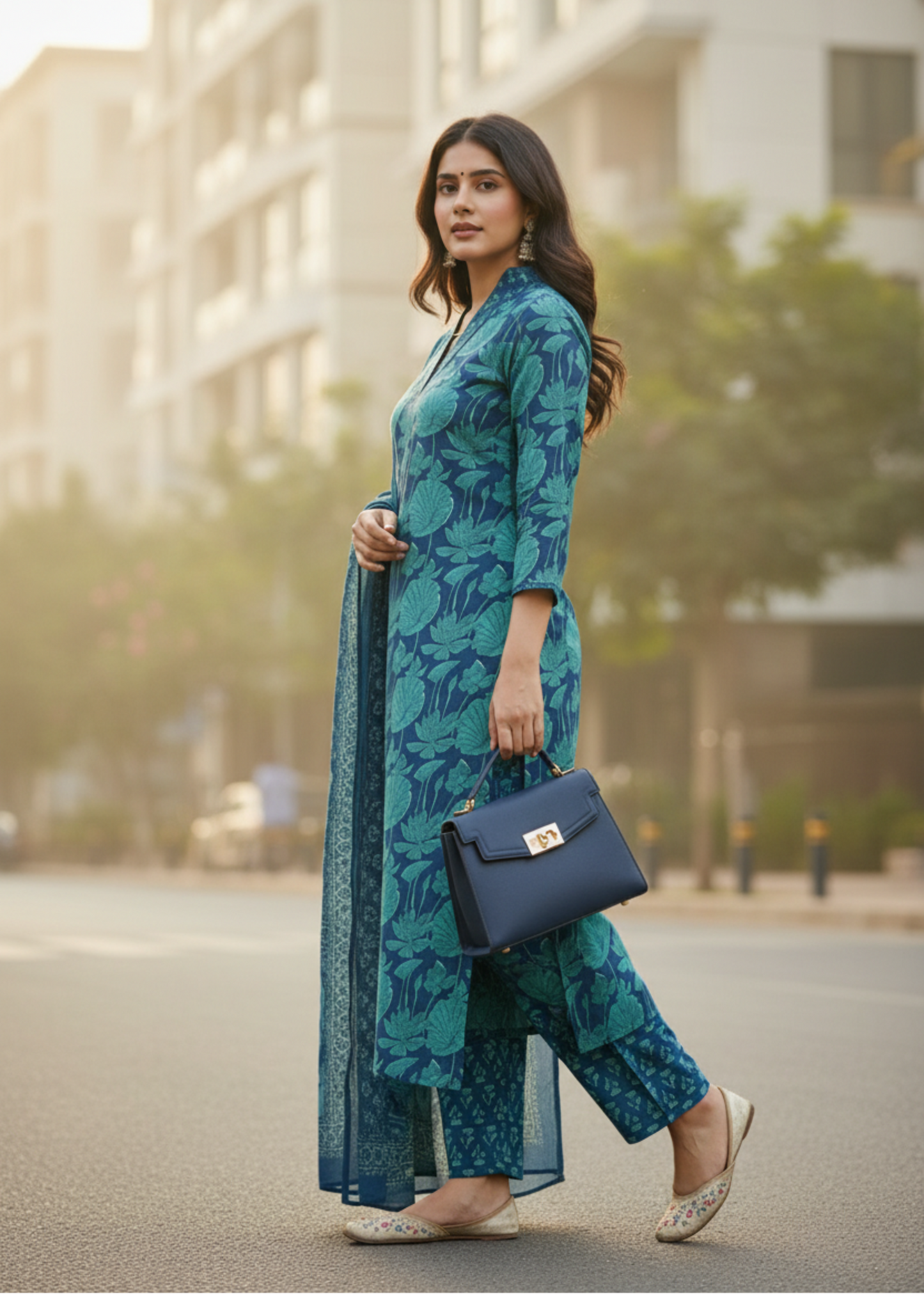 GREEN BLUE FLORAL COTTON SUIT SET
