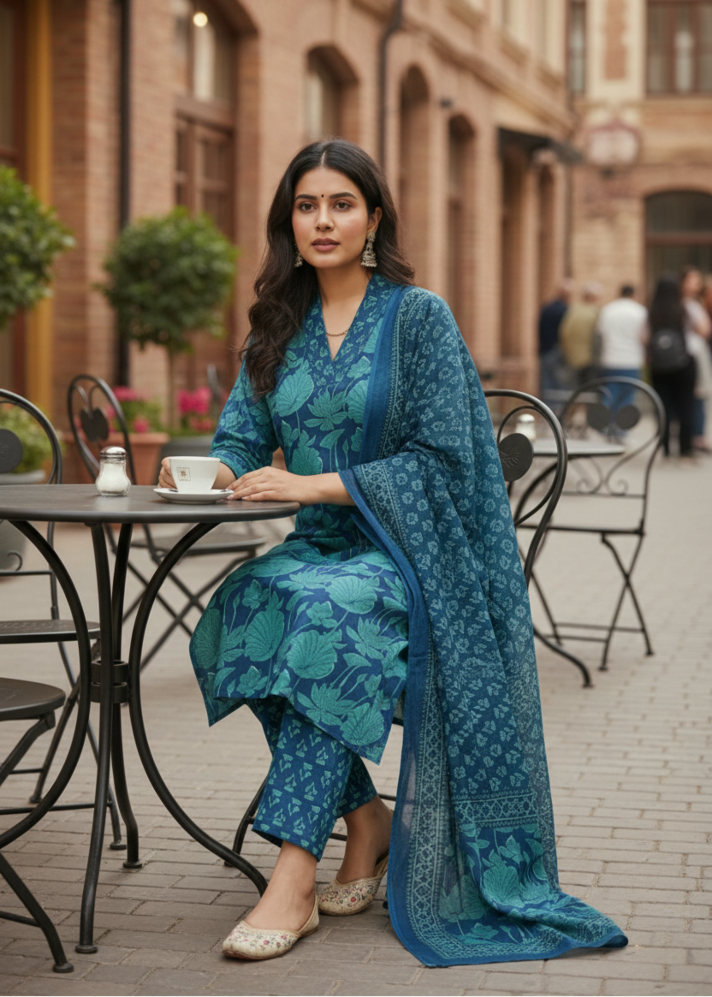 GREEN BLUE FLORAL COTTON SUIT SET