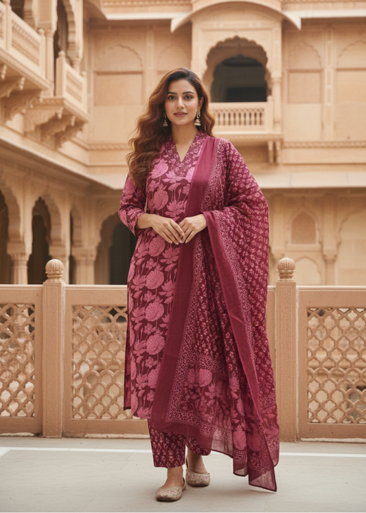 MAROON FLORAL COTTON SUIT SET