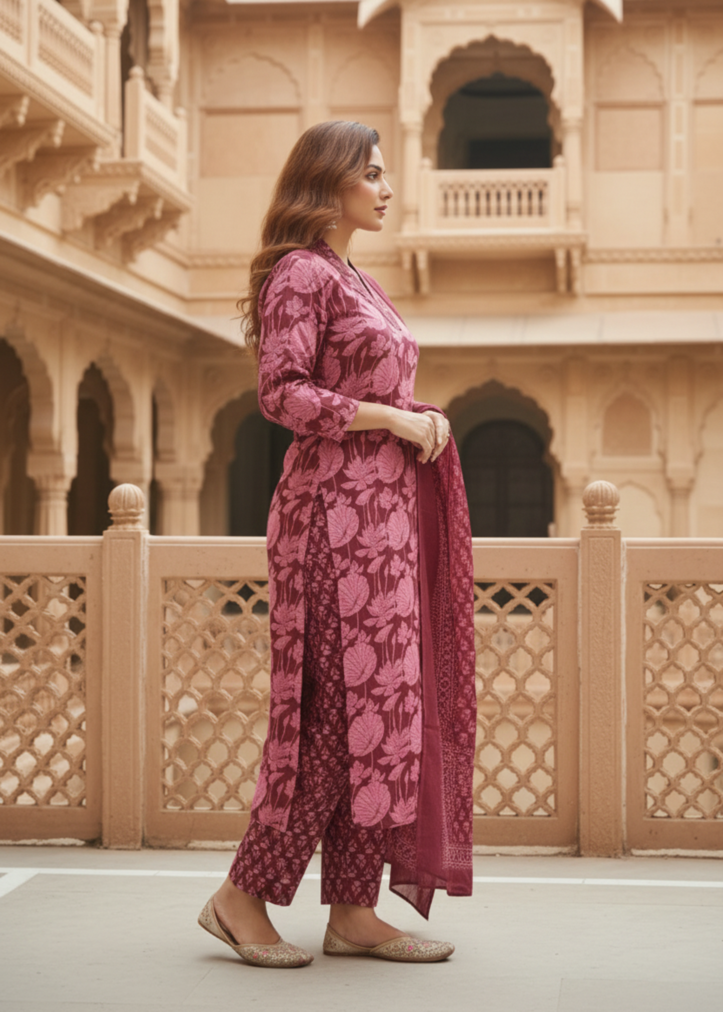 MAROON FLORAL COTTON SUIT SET