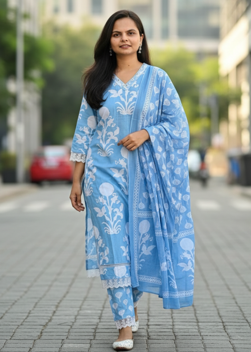 BLUE GARIMA COTTON SUIT SET