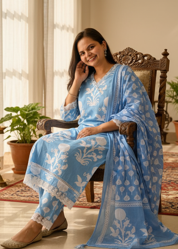 BLUE GARIMA COTTON SUIT SET