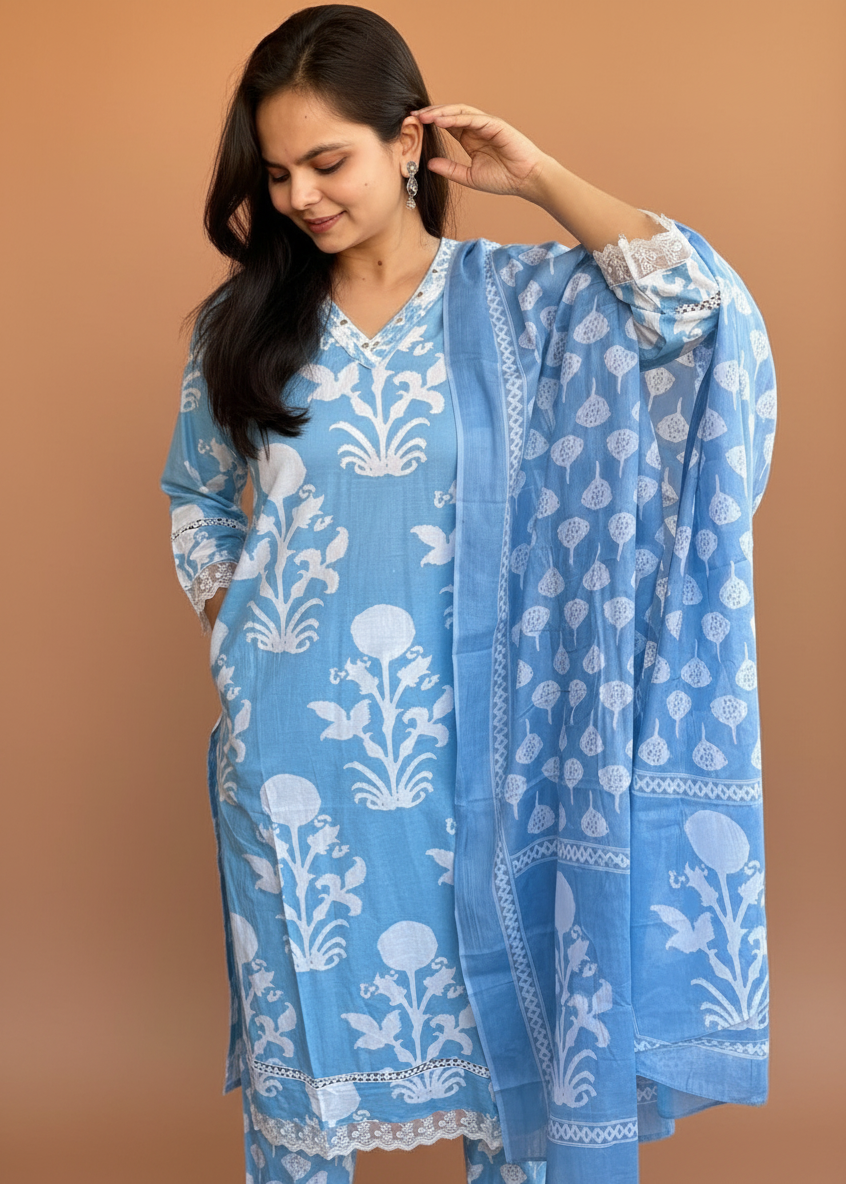 BLUE GARIMA COTTON SUIT SET