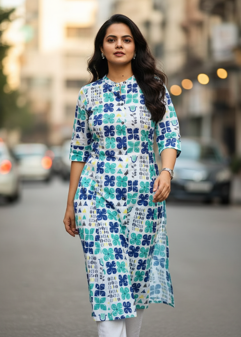 WHITE FLORAL A-LINE KURTA SET