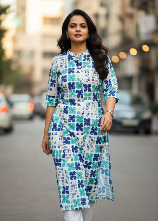 WHITE FLORAL A-LINE KURTA SET
