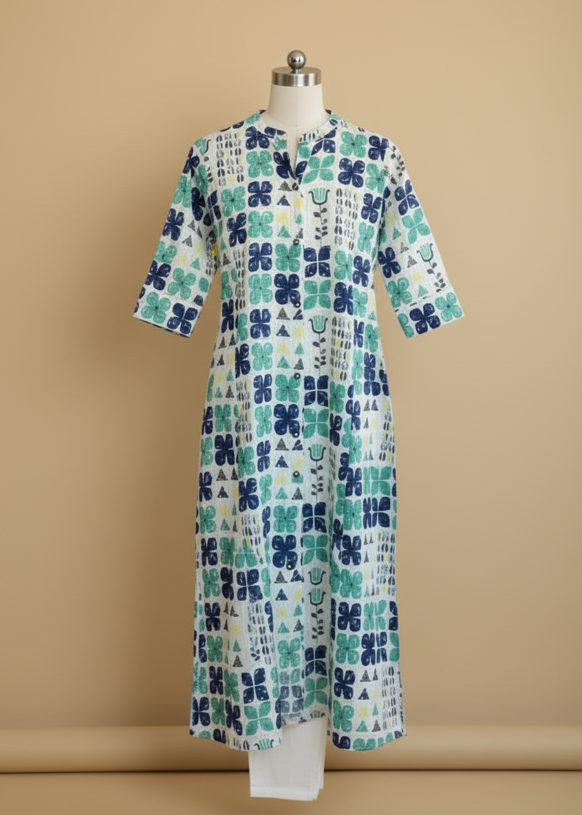 WHITE FLORAL A-LINE KURTA SET
