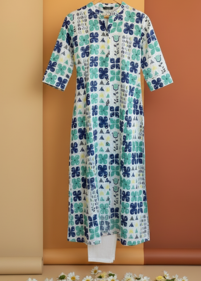 WHITE FLORAL A-LINE KURTA SET