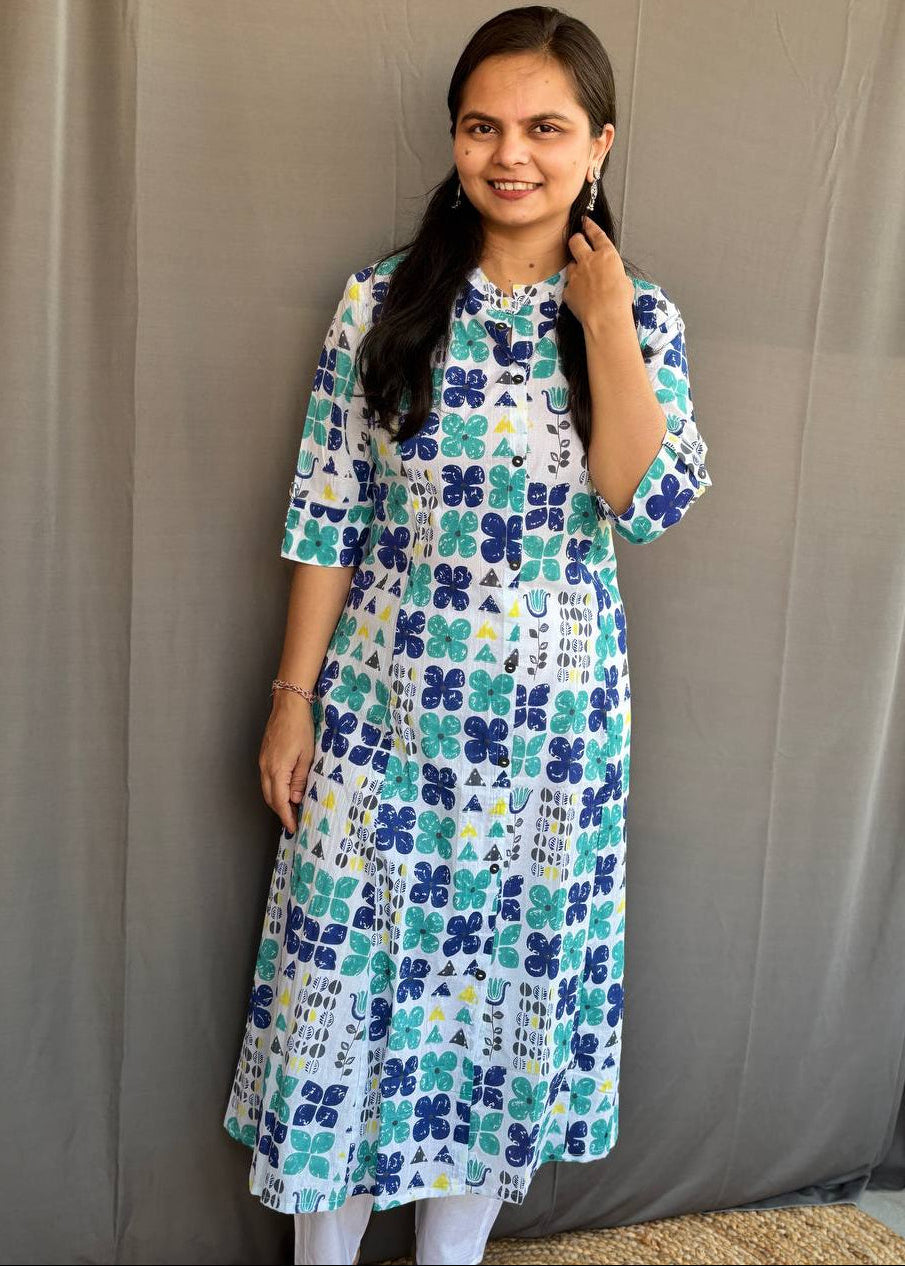 WHITE FLORAL A-LINE KURTA SET