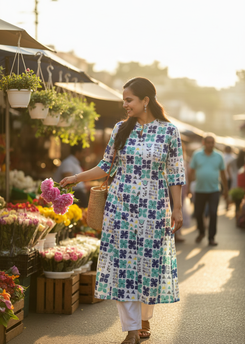 WHITE FLORAL A-LINE KURTA SET