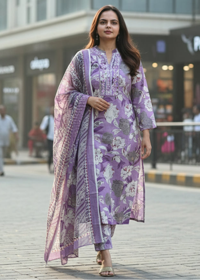 PURPLE FLORAL COTTON SUIT SET
