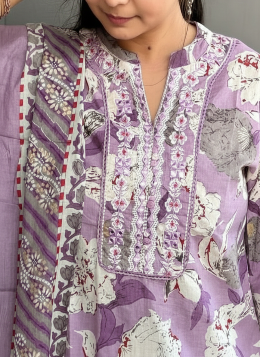 PURPLE FLORAL COTTON SUIT SET