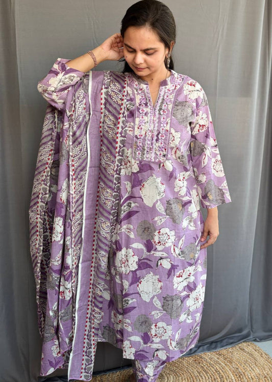 PURPLE FLORAL COTTON SUIT SET