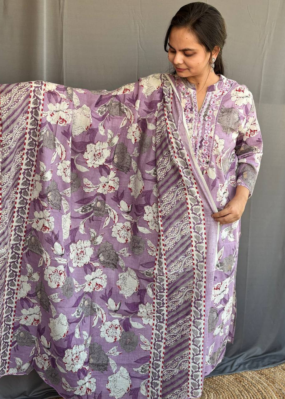 PURPLE FLORAL COTTON SUIT SET