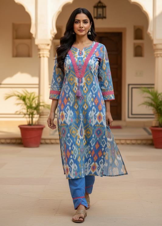 BLUE IKAT COTTON KURTA SET