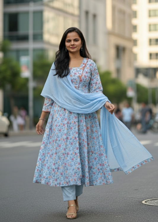 LIGHT BLUE PAKHI COTTON SCHIFFLI SUIT