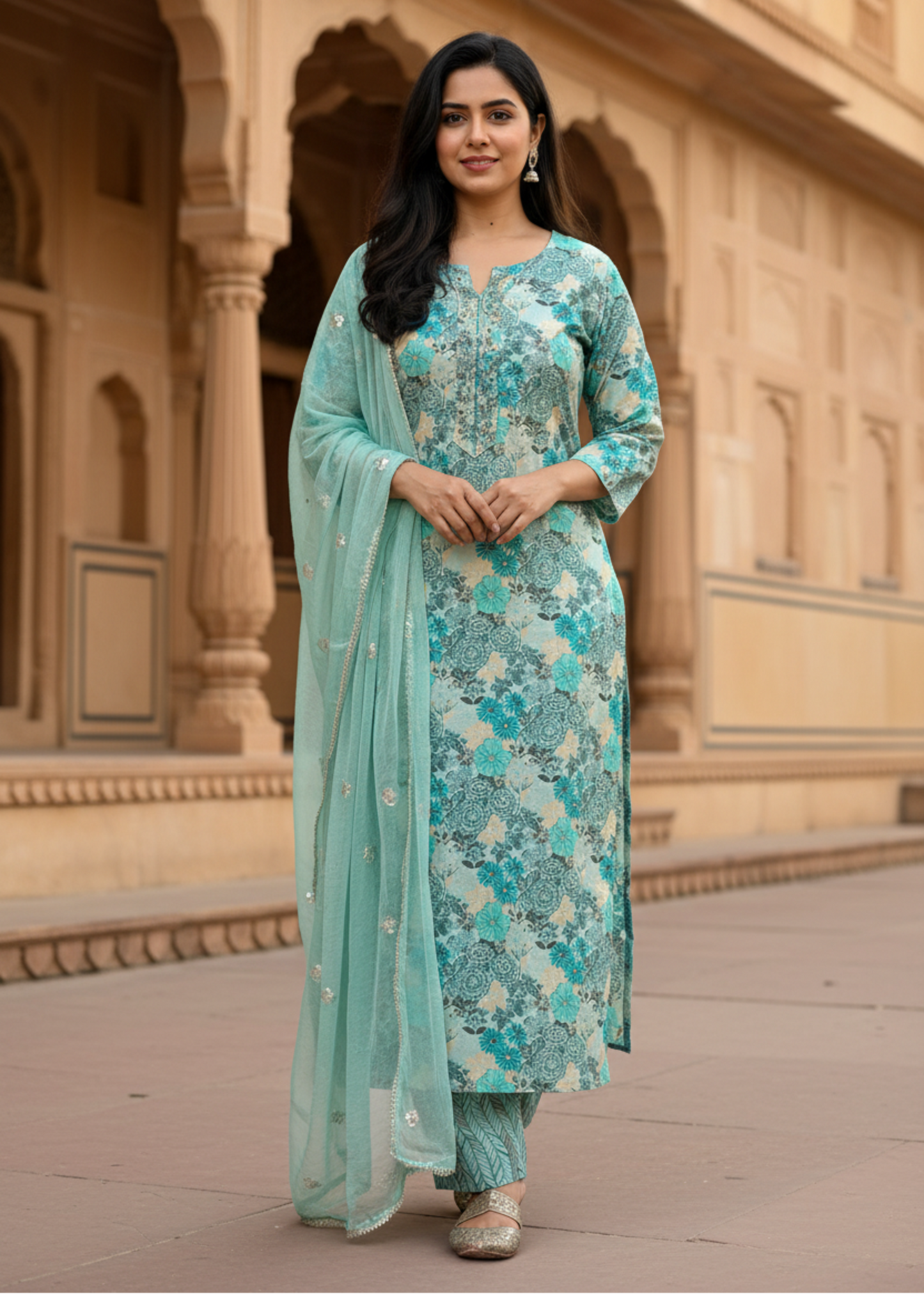 GREEN FLORAL COTTON SUIT SET
