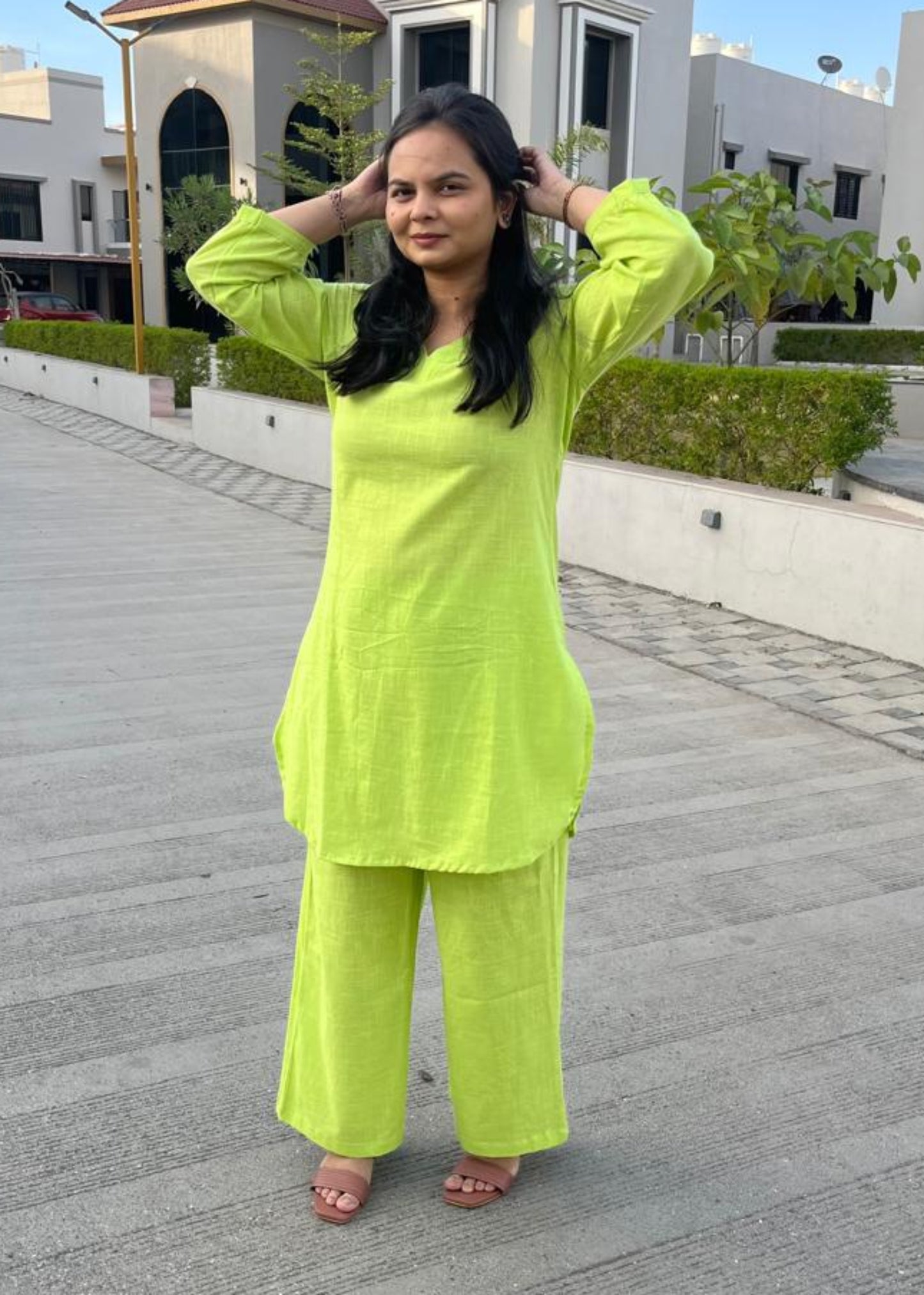 LIME GREEN ANIKA SLUB COTTON CO-ORD SET