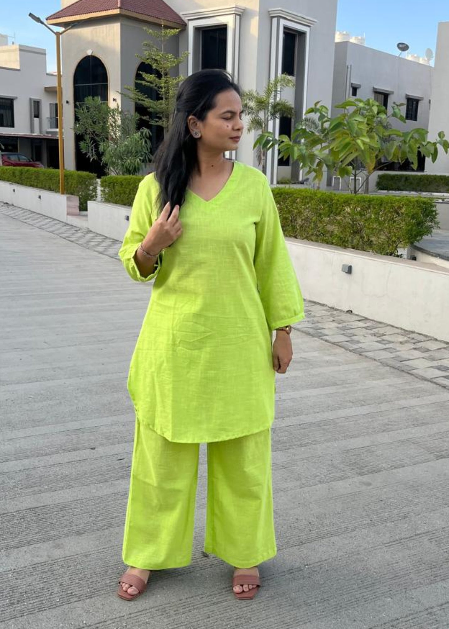 LIME GREEN ANIKA SLUB COTTON CO-ORD SET