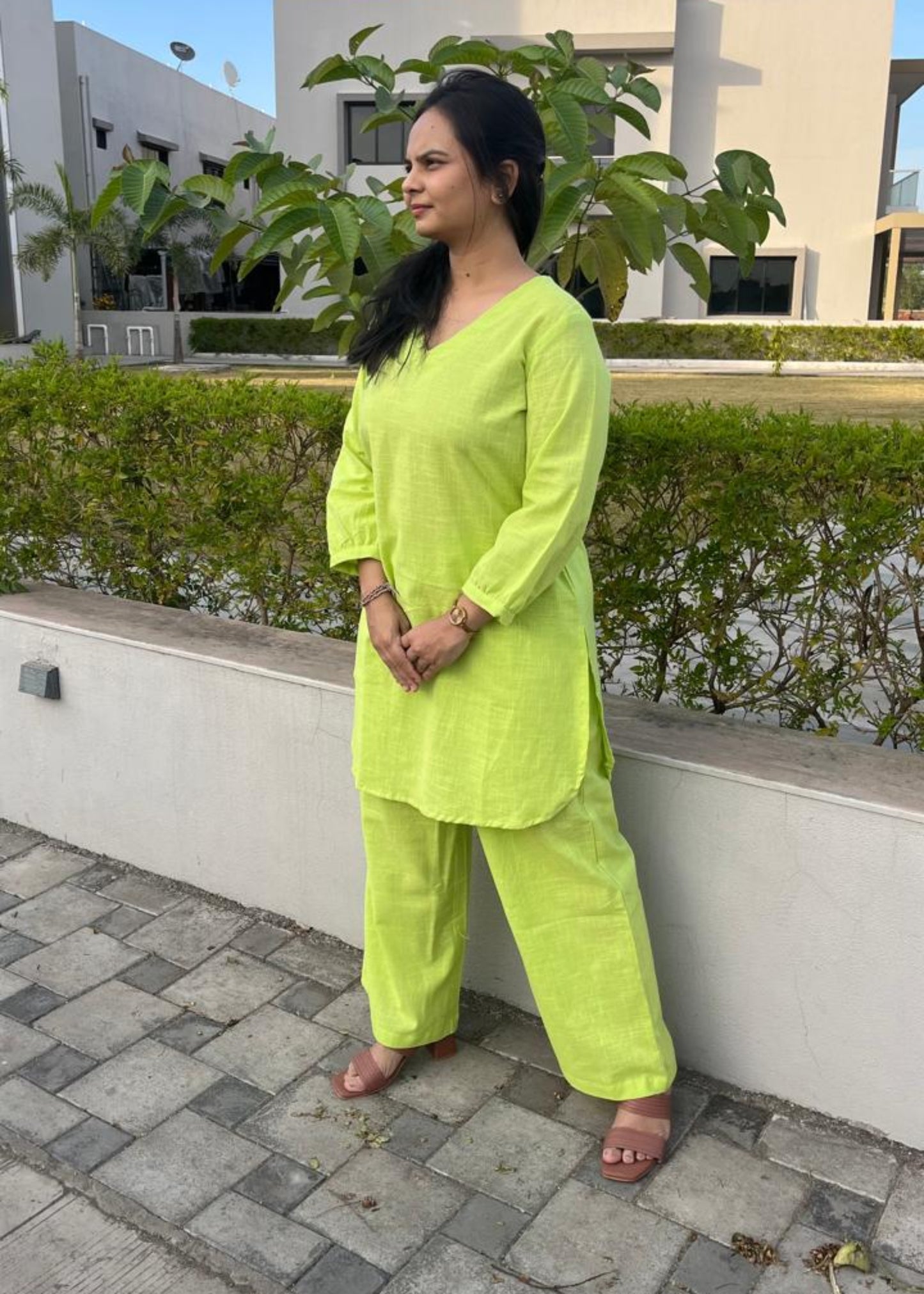 LIME GREEN ANIKA SLUB COTTON CO-ORD SET