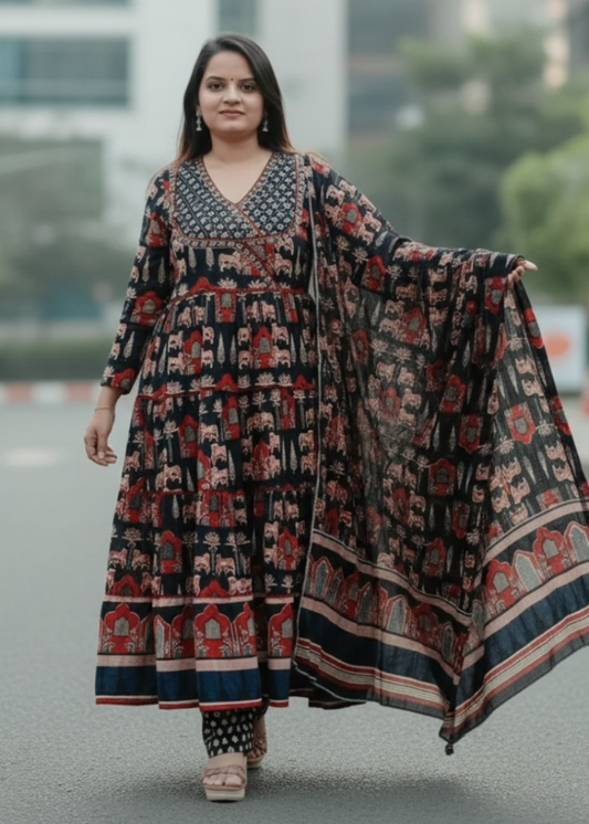 BLACK RASHI COTTON ANARKALI SUIT
