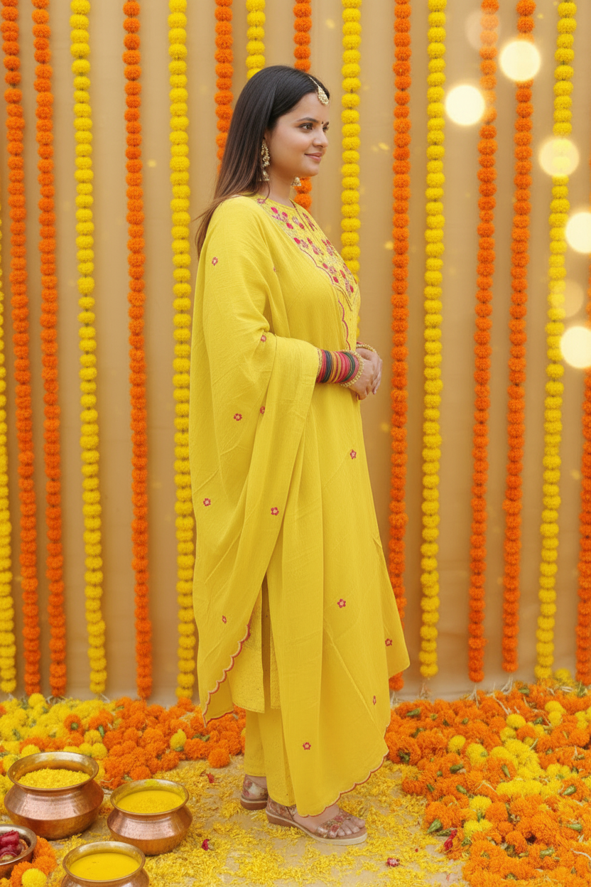 YELLOW DHANI COTTON SCHIFFLI SUIT