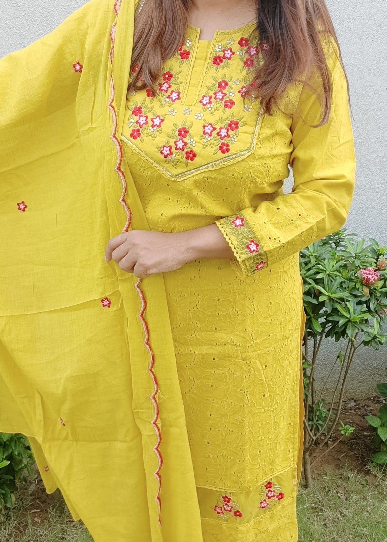 YELLOW DHANI COTTON SCHIFFLI SUIT