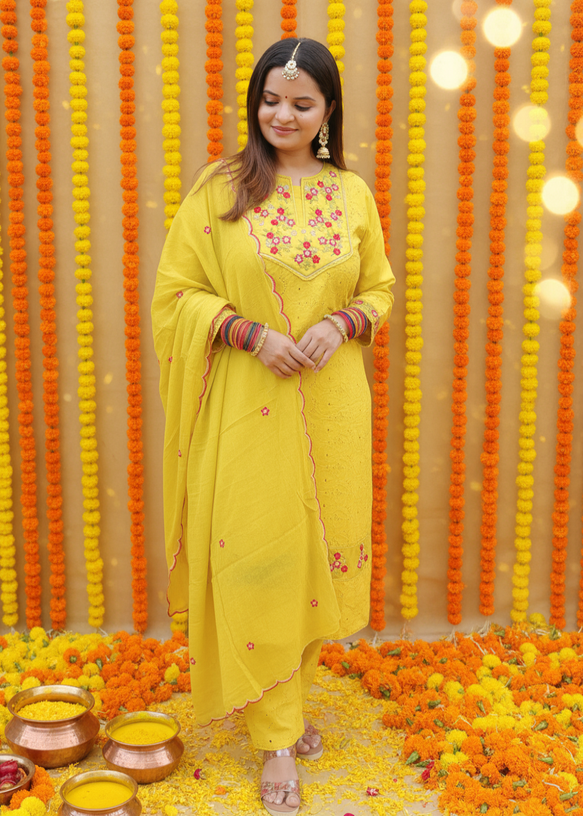 YELLOW DHANI COTTON SCHIFFLI SUIT