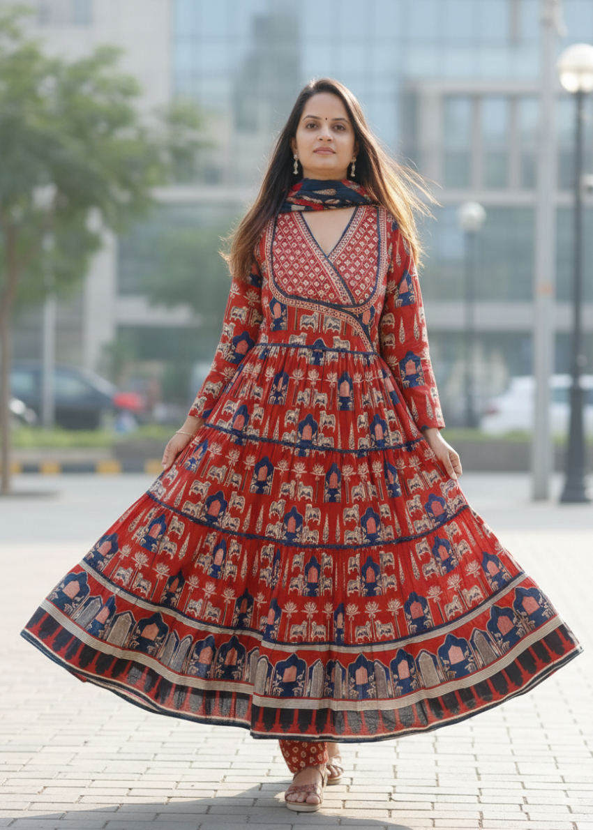 RED RASHI COTTON ANARKALI SUIT