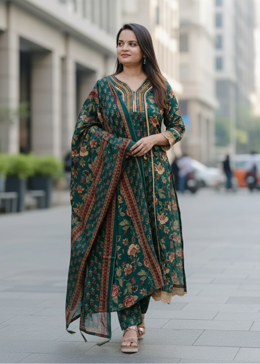 GREEN RAJSHRI COTTON FLORAL SUIT